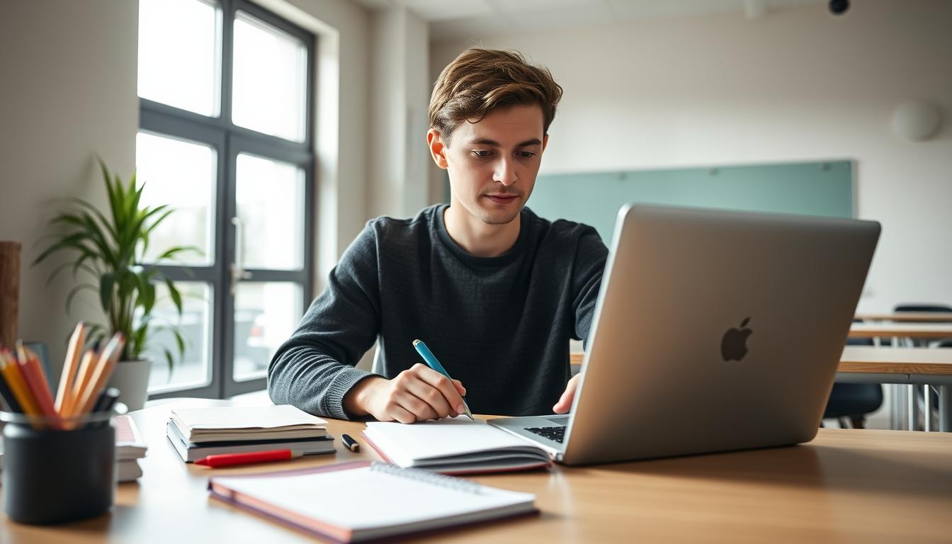 Student using learning strategies while studying